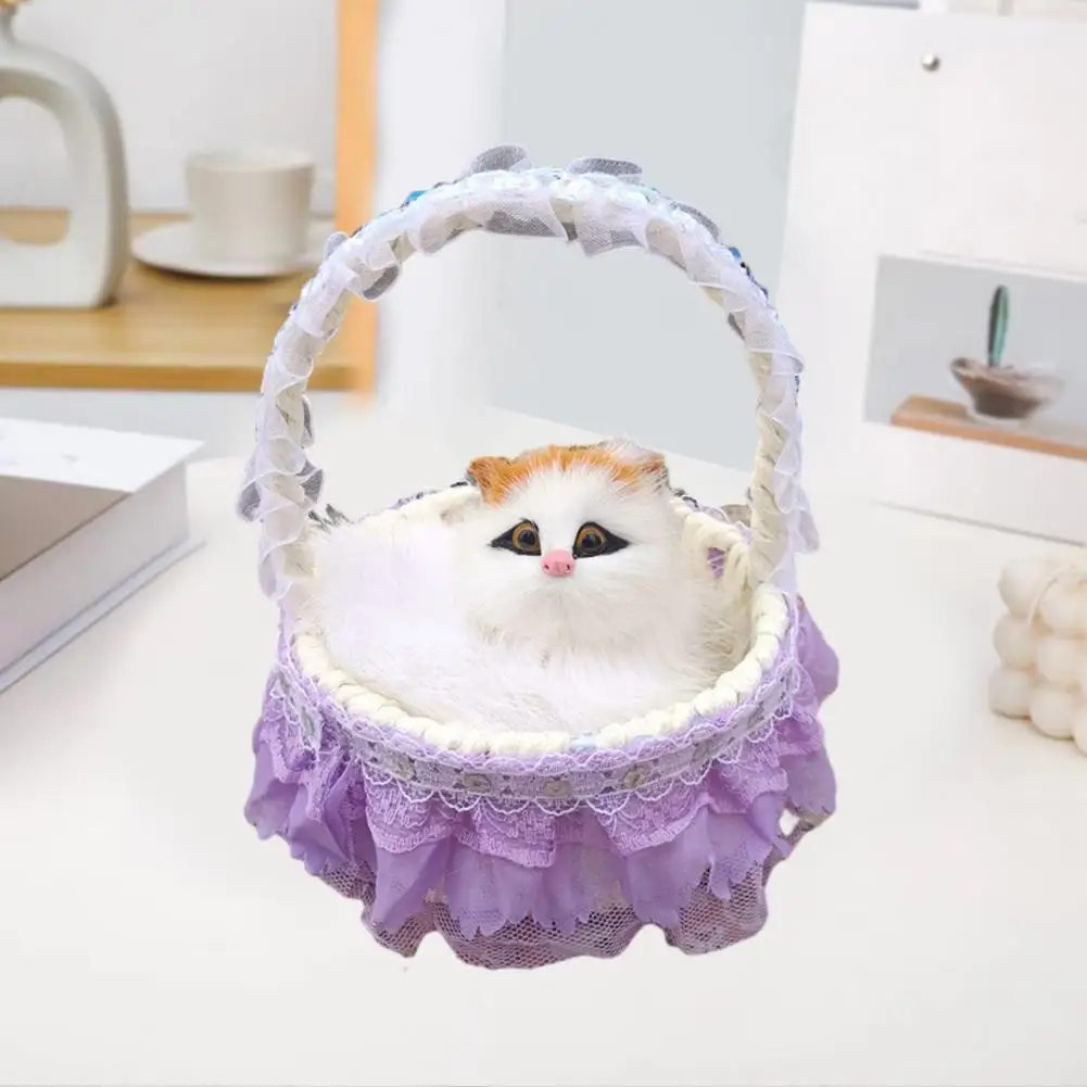 

Realistic Kitten Plush Realistic Cat Toy with Sound Lace Flower Basket Decoration Simulated Fur Kitten Model Ornament for Kids