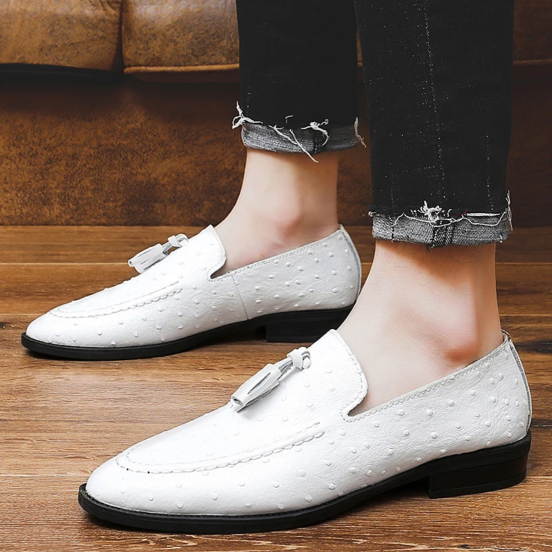 White Tassel Men's Leather Shoes Casual Moccasin Homme Men's Oxford Shoes Flat Boat Business Loafers