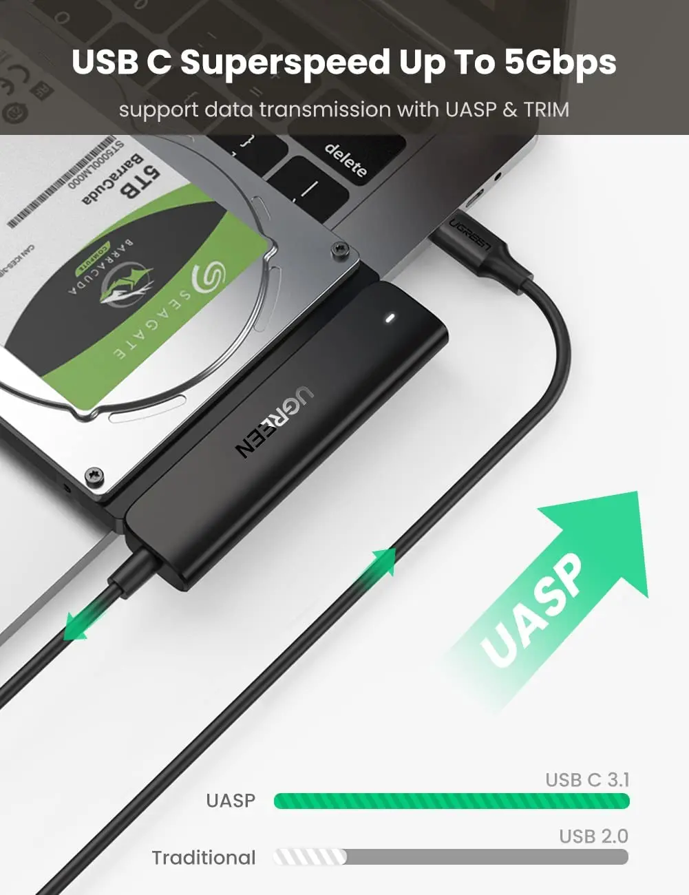 UGREEN SATA-USB C 어댑터 케이블 5Gbps UASP SATA III 컨버터 (2.5인치 SSD/HDD 하드 드라이브용) 썬더볼트 3 지원