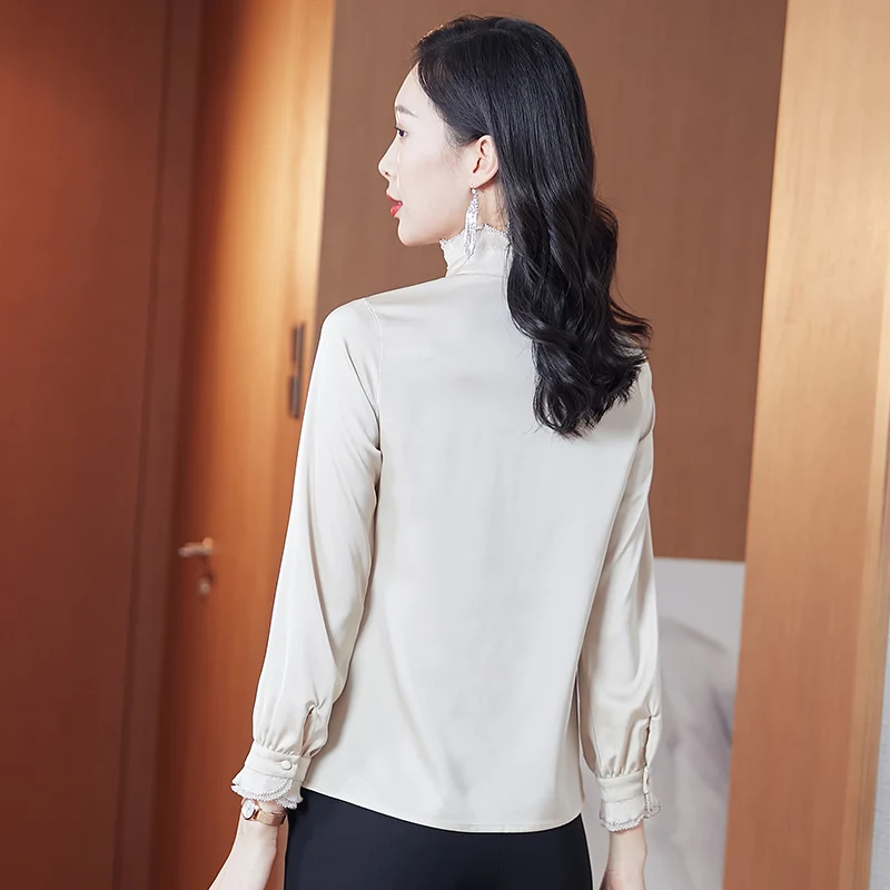 여성용 다용도 스탠딩 칼라 나무 귀 가장자리 셔츠, 긴팔, 패셔너블하고 우아한 여성 상의, 용수철 가을 신상
