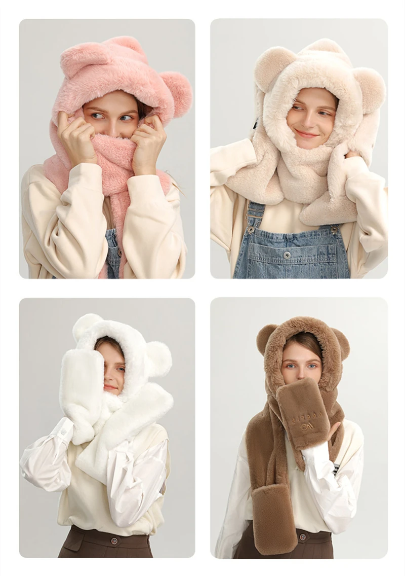 

Winter Woman Lady Cute Bear Ears 3-in-1 Function Scarf Beanies Cap Gloves Plus Fleece Thicken for Girls Photography Xmas Gift