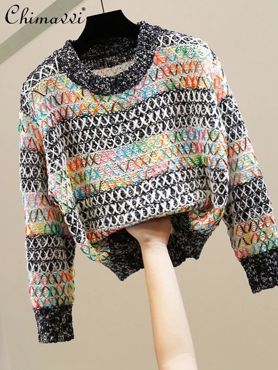 

Fashion Colorful Thick Thread Crocheted Casual Pullover Long Sleeve Sweater Autumn New High-End Design Elegant Knitted Tops