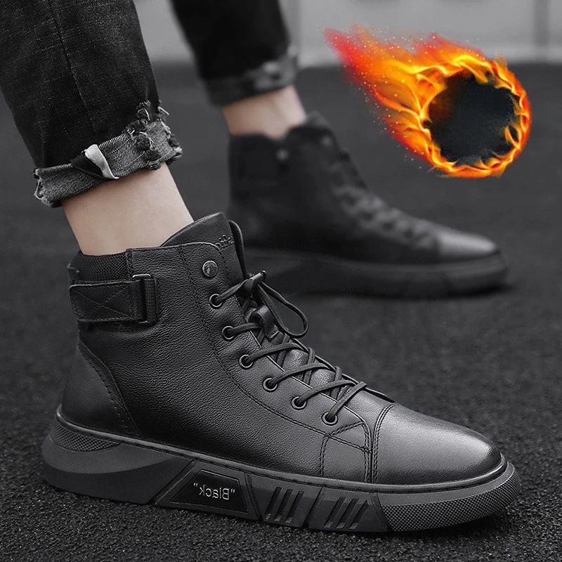 Men Sneakers Outdoor Boots Chelsea Boots Men Leather Boots Sneakers Casual Shoes for Men Pu Leather Boots Comfortable Flat Soled High Top Mid Lace Up Fashion Male Footwear Winter New
