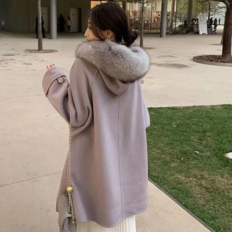 2023 Autumn Winter New Women Fox Fur Collar Mid-Length Double-Sided Wool Overcoat Female Loose Casual Temperament Hooded Outwear