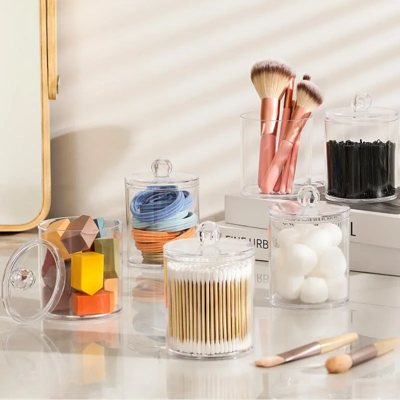 4 Pack Acrylic Qtip Holder Dispenser for Cotton Swabs, Balls, Pads, Floss Picks- Small Clear Vanity Makeup Storage Box Organizer 2