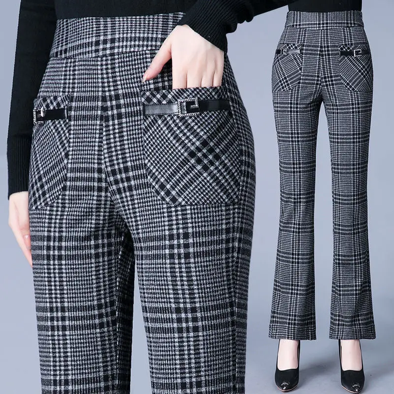 Spring and Autumn Women's Patchwork Pockets High Waist Elastic Fashion Loose Plaid Stripes Versatile Casual Micro Flap Pants