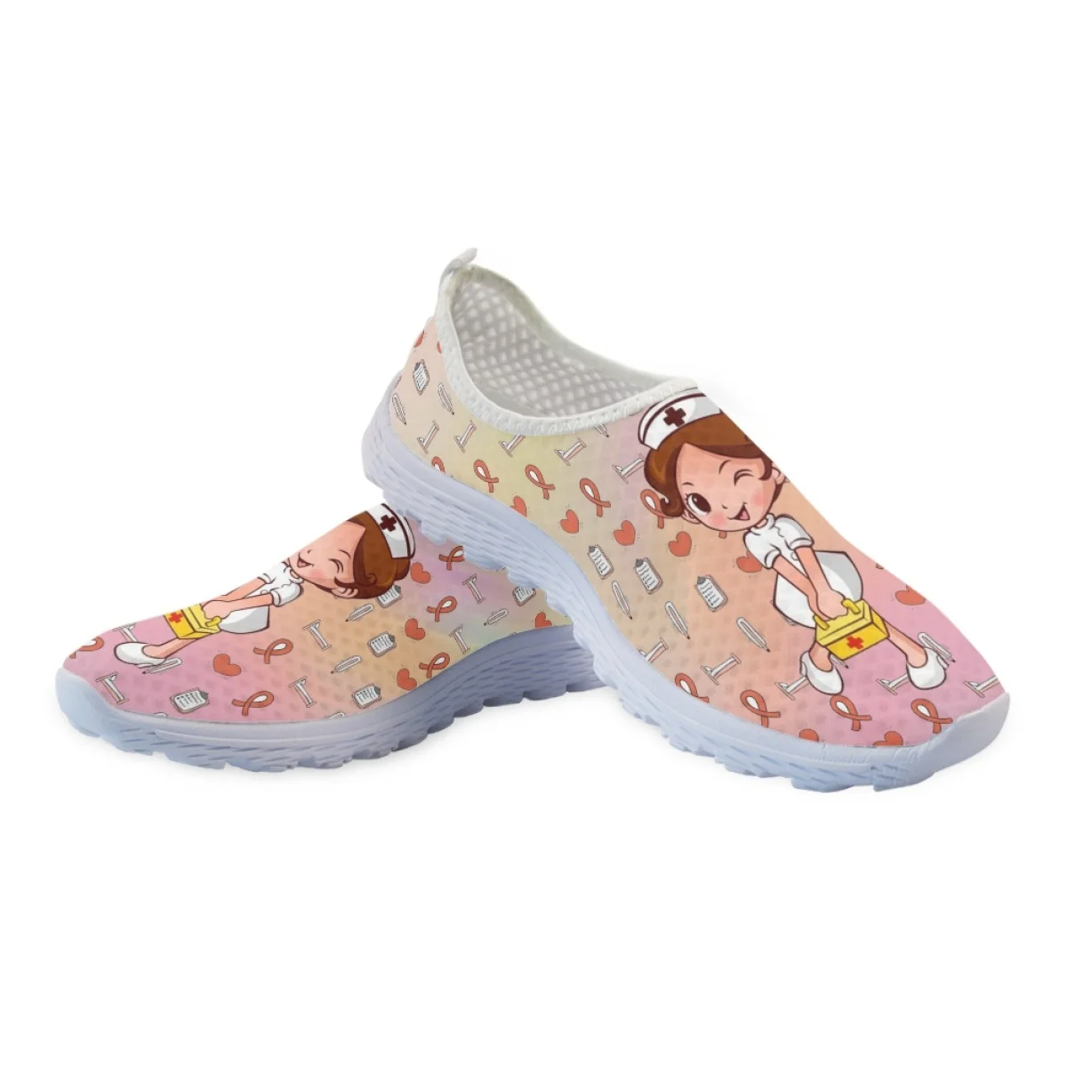 

Cartoon Nurse Design Women Flat Sneakers Summer Outdoor Non-Slip Lightweight Mesh Loafers Breathable Slip-On Walking Shoes