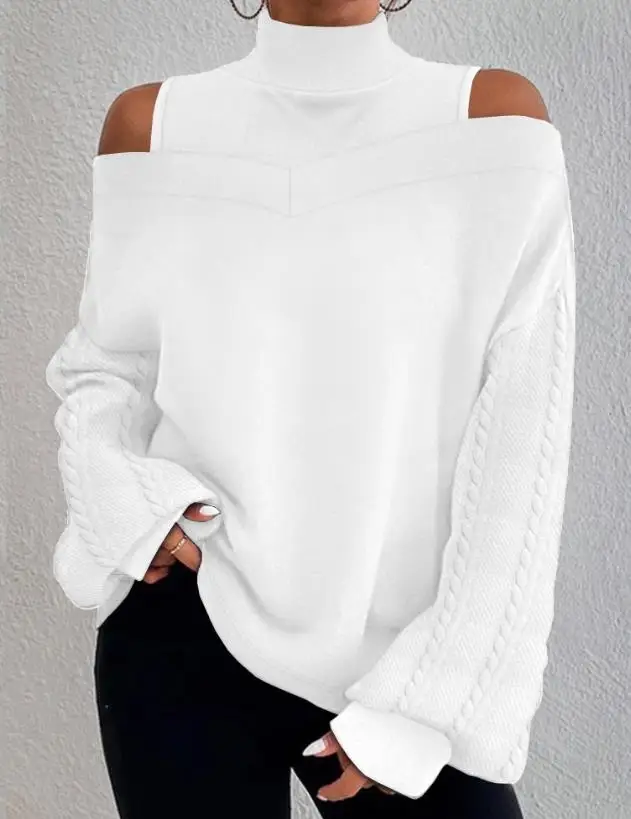 

Women's 2023 New Hot Selling Cold Shoulder High Neck Long Sleeve Patch Cable Texture Top