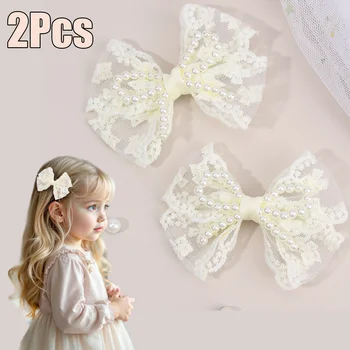2Pcs Flower Lace Bow Hair Clips For Girls Sweet Pearls Hairpins Floral Embroidery Barrette Children Kids Headwear Accessories