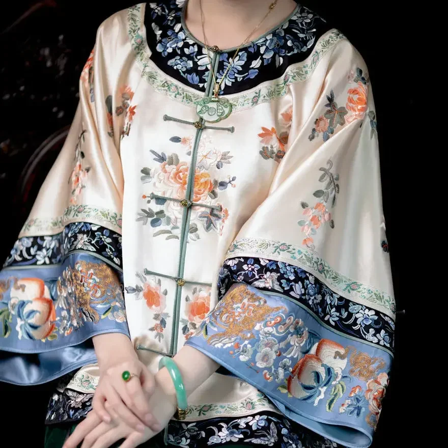 Women Chinese Shirt Women Satin Blouse Spring Autumn Fashion Satin Apricot Round Neck Printed Tang Suit Top Traditional Chinese Qing Dynasty Top