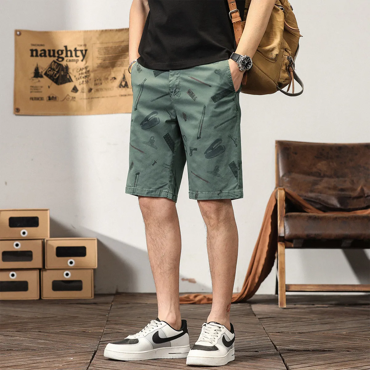 

Elmsk New men's summer quarter pants with high cotton content, breathable and loose fitting shorts, fashionable and personalized