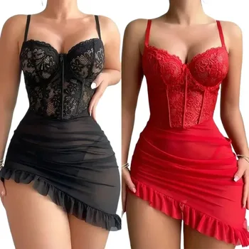 Mini robe transparente en dentelle pour femmes, sac à bandoulière Sexy, robe de hanche, sans manches, cadeau de fête de vacances, été