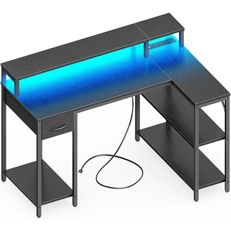 

L Shaped Gaming Desk with LED Lights & Power Outlets, Reversible Computer Desk with Storage Shelves & Drawer