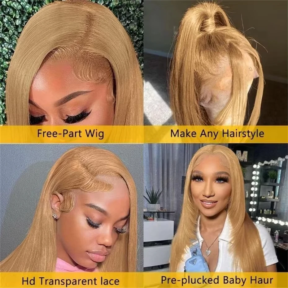 13x6 Honey Blonde Lace Front Human Hair Wig Straight #27 Colored Lace Frontal Wig Pre Plucked Blonde Transparent Lace Front Wigs