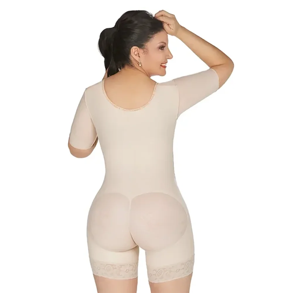 Beige Middle Sleeve Zip Adjustable Shapewear Shaper Breathable Fabric Front Closure Bodysuit Women Lace