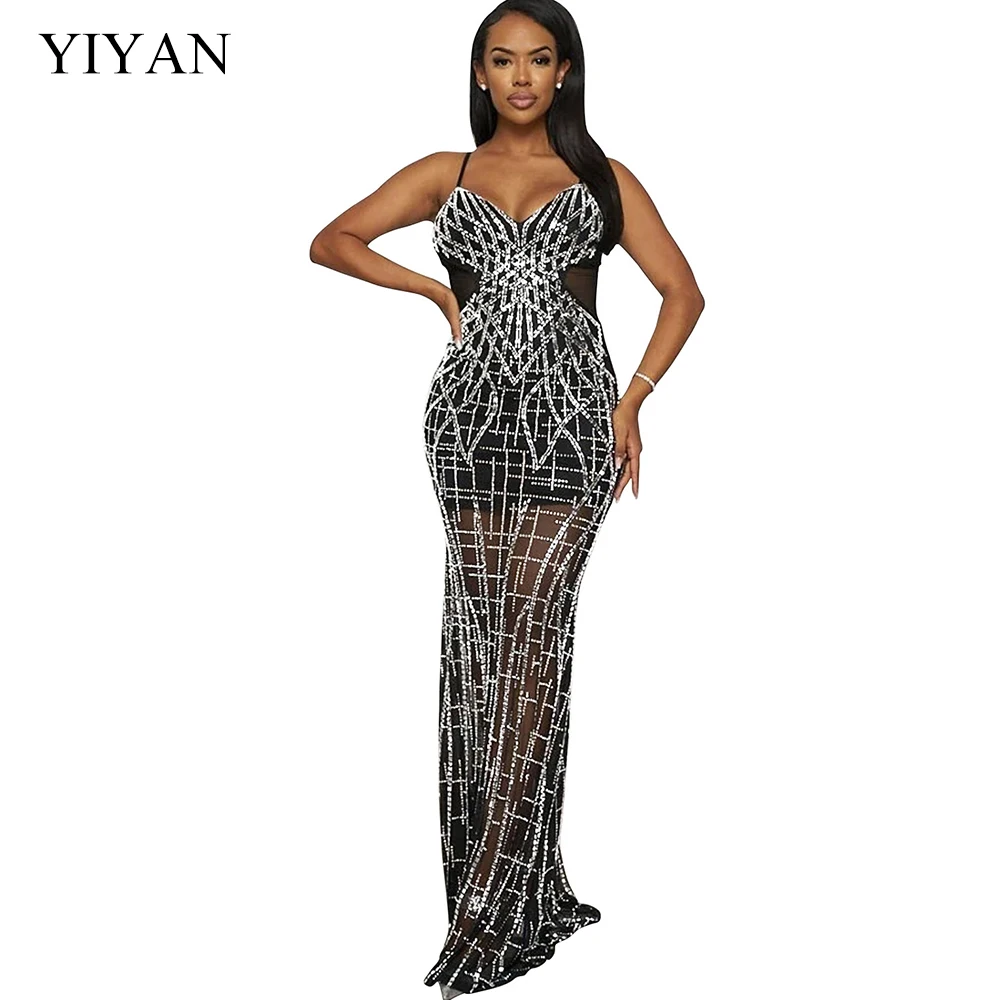 

YIYAN 2024 женское летнее прозрачное Сетчатое блестящее бриллиантовое женское длинное платье без рукавов с шипами облегающее женское сексуальное ночное Клубное платье