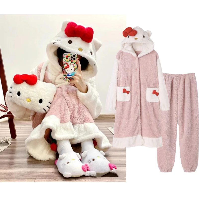 

Sanrios Cartoon Kawaii Hello Kittys Cute Coral Fleece Nightgown Autumn and Winter Mid-Length Thickened Fleece Pajamas Set