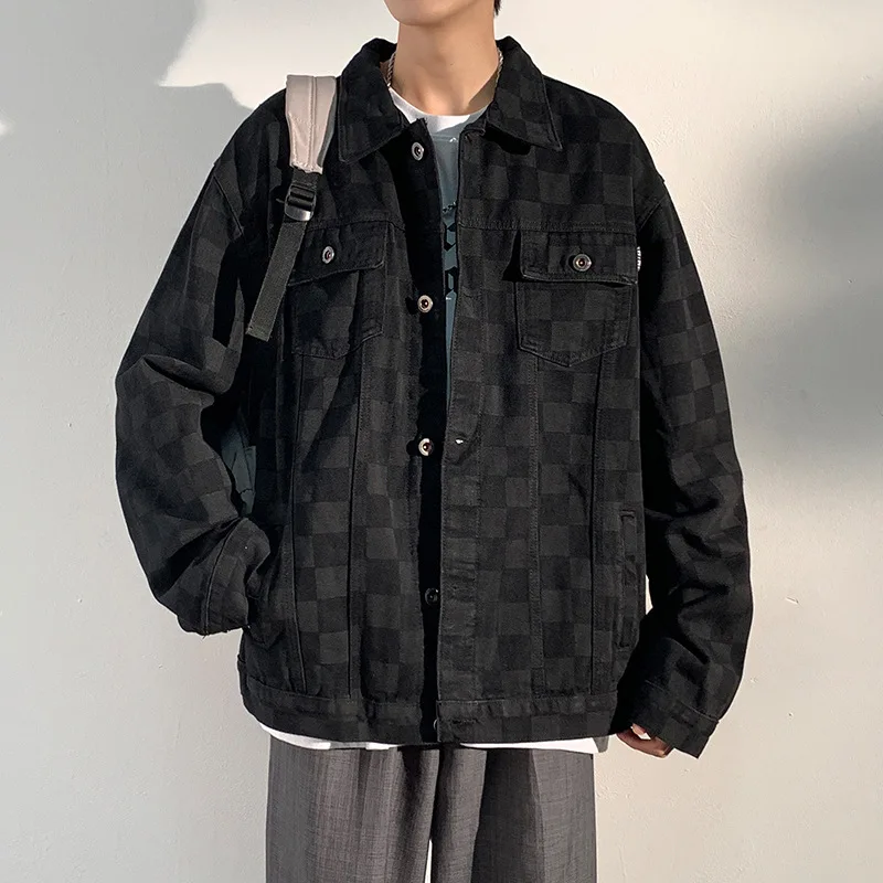 Chessboard Plaid Jeans Jacket Men Autumn Black Denim Jacket Men Overalls Bomber Streetwear Man Clothing Oversized Outwear Coats