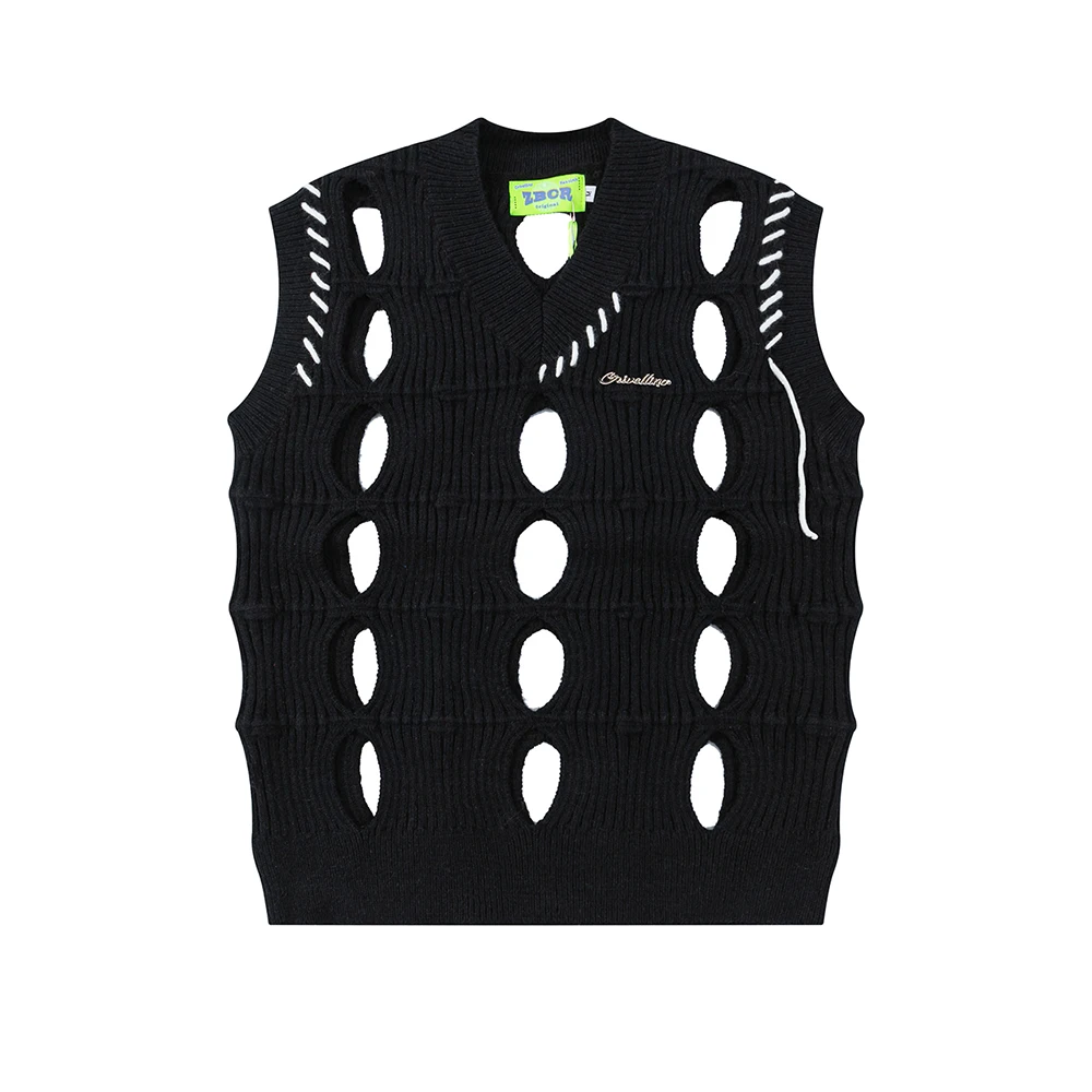 

American Retro Tattered Arctic Velvet V-neck Vest Unisex Harajuku Chaleco Hombre Sleeveless Sweater Oversize Knitted Tank Tops