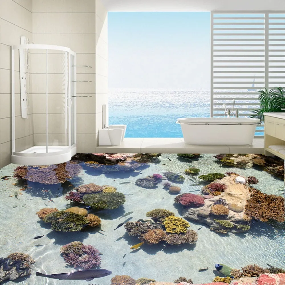 Papel de Parede Decorativo com Piso Personalizado Papel de Parede de Coral Peixes Tropicais Oceano Adesivo de Piso para Banheiro Antiderrapante à Prova Dágua