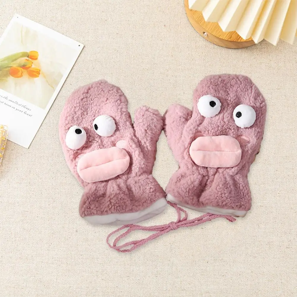 

Cute Soft Mittens Winter Mittens Cartoon Style Thick Plush Anti-lost Strap Resistant Windproof Soft Anti-slip Knitted Girls