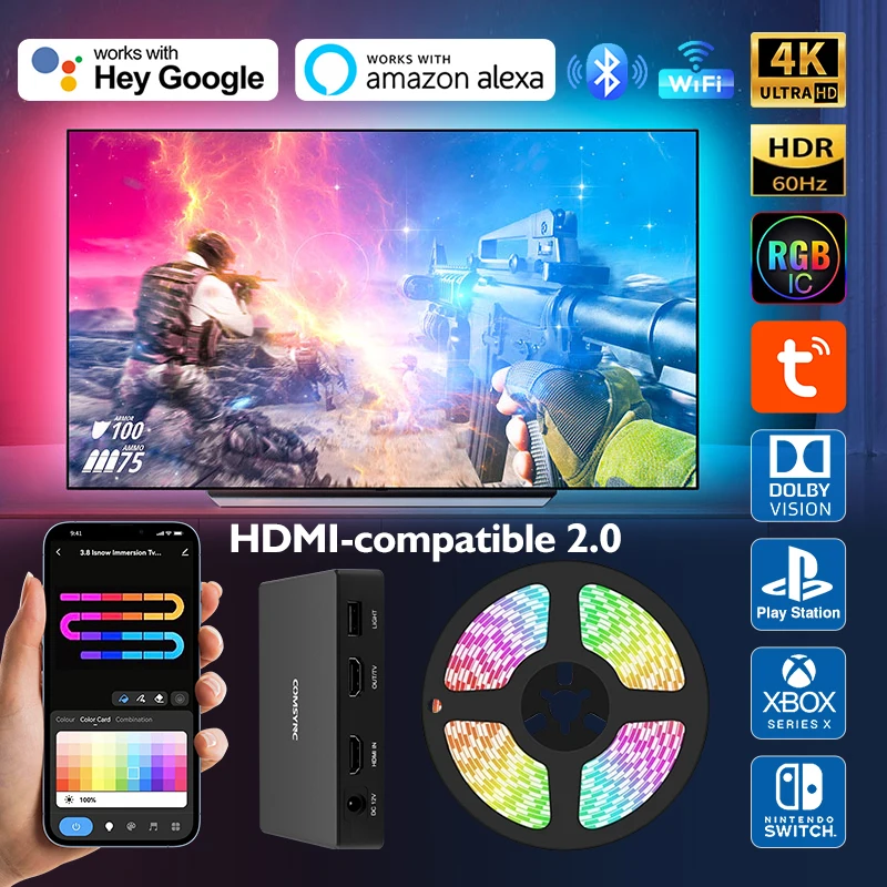 

Подсветка для телевизора, RGB-экран, Цветовая синхронизация, светодиодная лампа, совместимая с HDMI-совместимая с устройствами 2,0, коробка для синхронизации, светодиодная лампа для Alexa/Google /TV Box