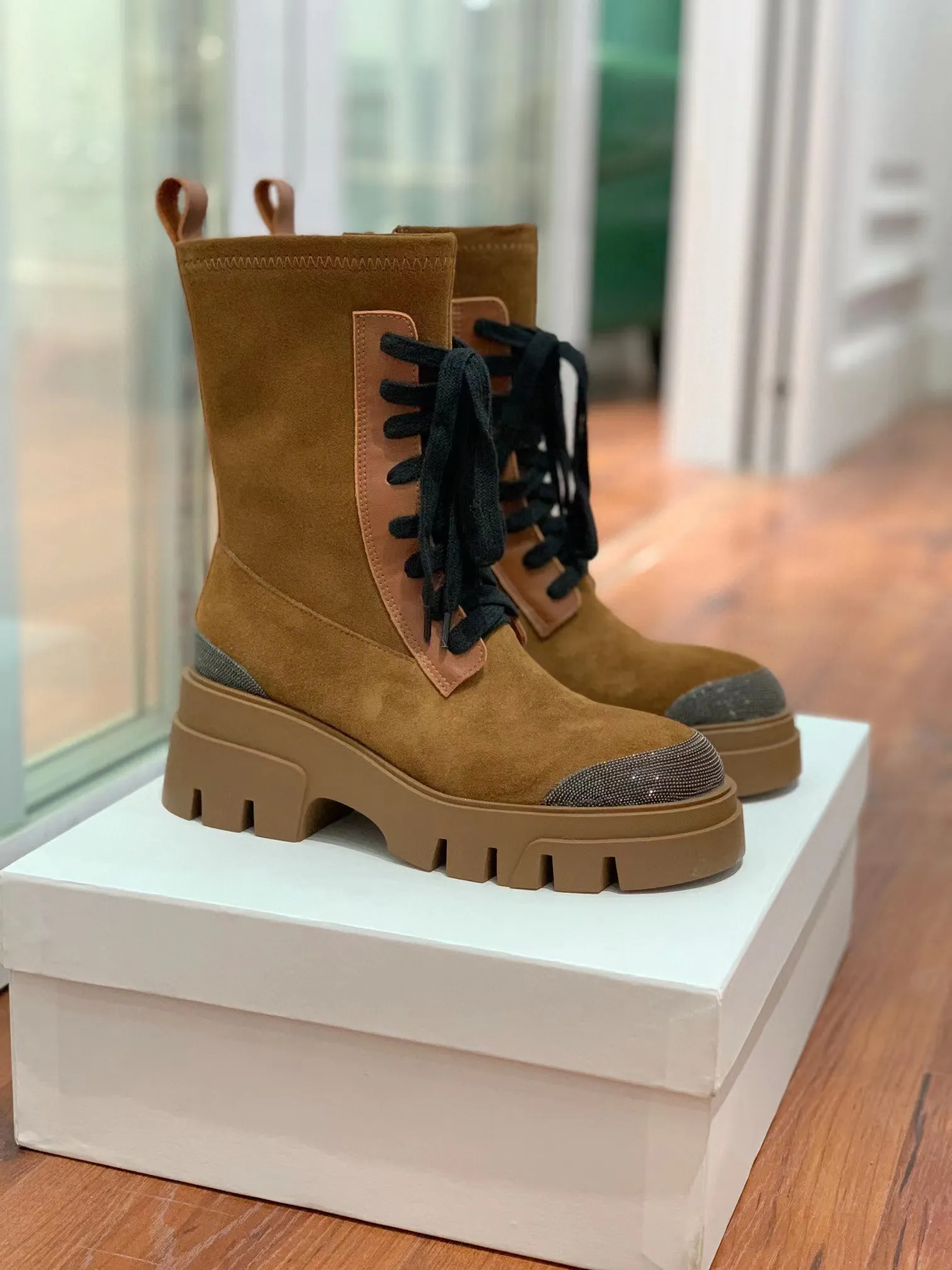 

Fashion Suede Boots With Precious Details Monili Trim Hiker Boots In Brown