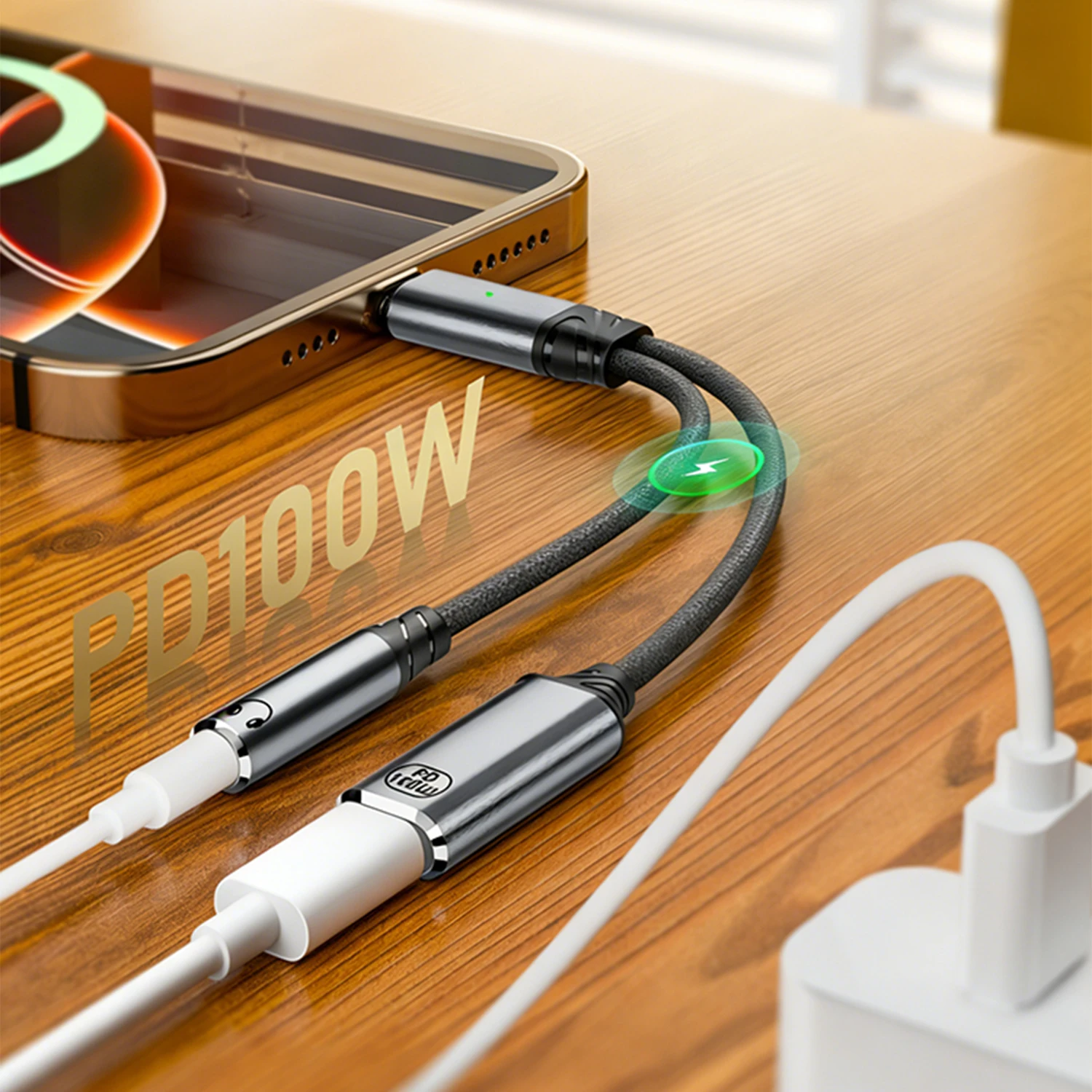 USB C to 3.5mm 2 in 1 헤드폰 충전 어댑터, 100W PD 충전, 타입 C Aux 오디오 잭, 라인 컨트롤 및 통화 지원, 그레이