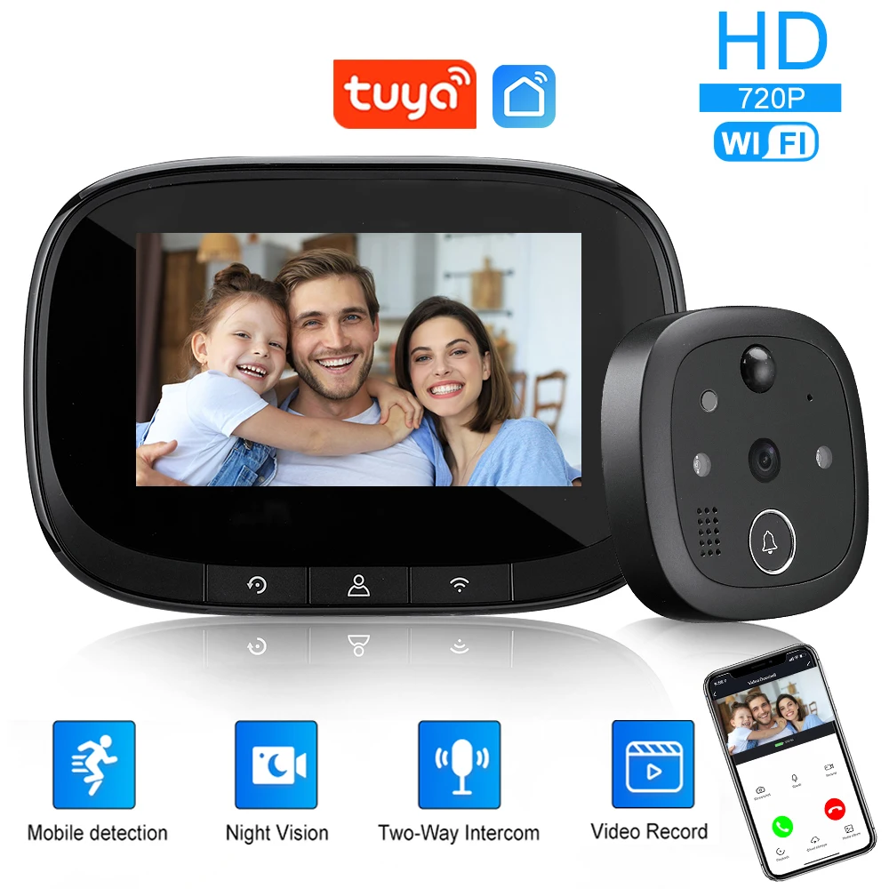 Tuya Smart Video Doorbell Visionneuse de porte numérique sans fil Judas Caméra avec écran de 4,3 pouces Vision nocturne PIR Home Door Bell