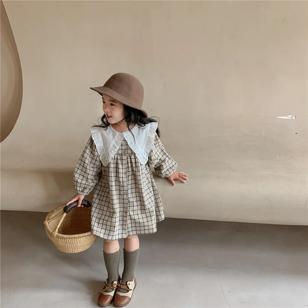 Baby Girls Dress Casual Plaid Clothes Summer Korean Cotton Linen Girls Princess Dress Big Turn Down Collar princess costume girls dress