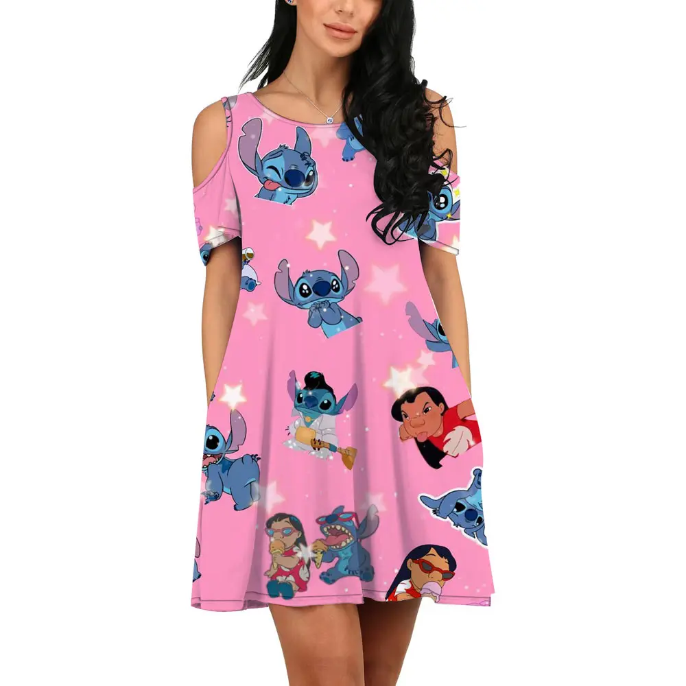 

Disney Brand Stitch and Mickey Anime Summer Harajuku Slim Fit New Women's Printed Kawaii Off Shoulder Dress 2022