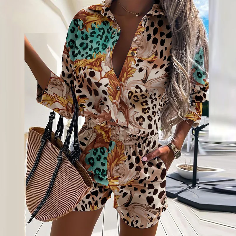 Fashion Print Two Piece Sets Women 2022 Spring Summer Turn Down Collar Shirt Top Short Pant Suit Lady Casual Long Sleeve Outfit coord sets women