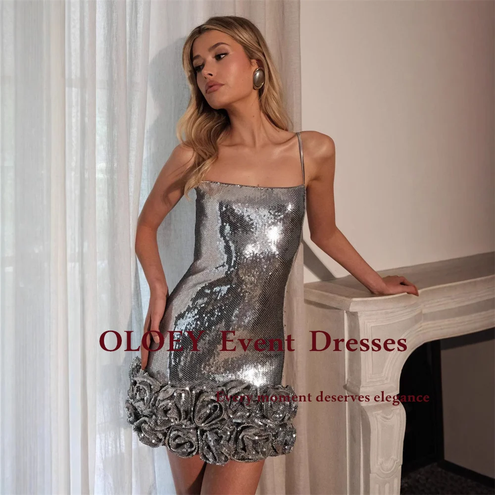 OLOEY Glitter Sequins Silver Short Prom Cocktail Dress Pleats Rose Mini Wedding Party Gown Women Zip Back