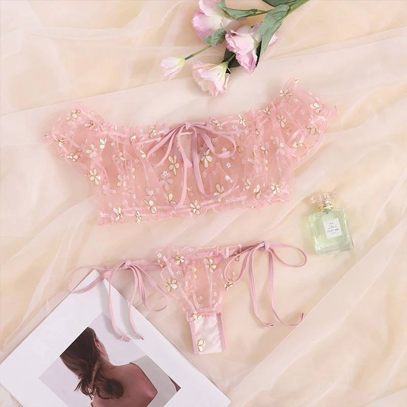 Sexy Summer Women's Underwear Seductive Floral Dreamy Lingerie Off-Shoulder Seduce Bralette Tops Panties Transparent Erotic Set