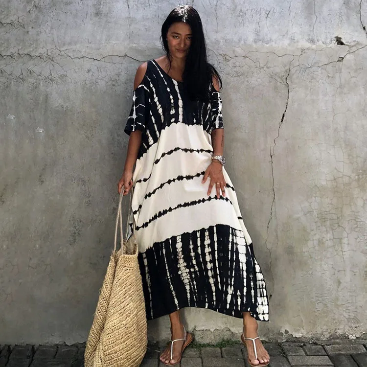 Loose Off Shoulder Striped Print Women Beach Dress Bikini Cover Up Summer Tunic For Woman Beachwear Robe De Plage Kaftan
