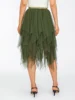 Women Green Midi Skirts Solid Color Elastic High Waist Irregular Ruffles Multi-Layered Tulle Tutu Skirts Female High Streetwear 4
