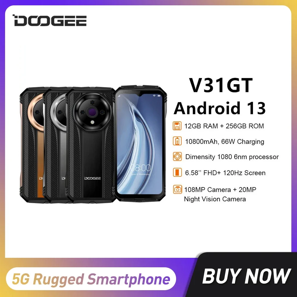 

DOOGEE V31GT 5G прочный смартфон с восьмиядерным процессором 12 Гб + 256 ГБ, 6,58 дюйма, Android 13, мобильный телефон, Тепловизионная система, 50MP, 10800 мАч, NFC