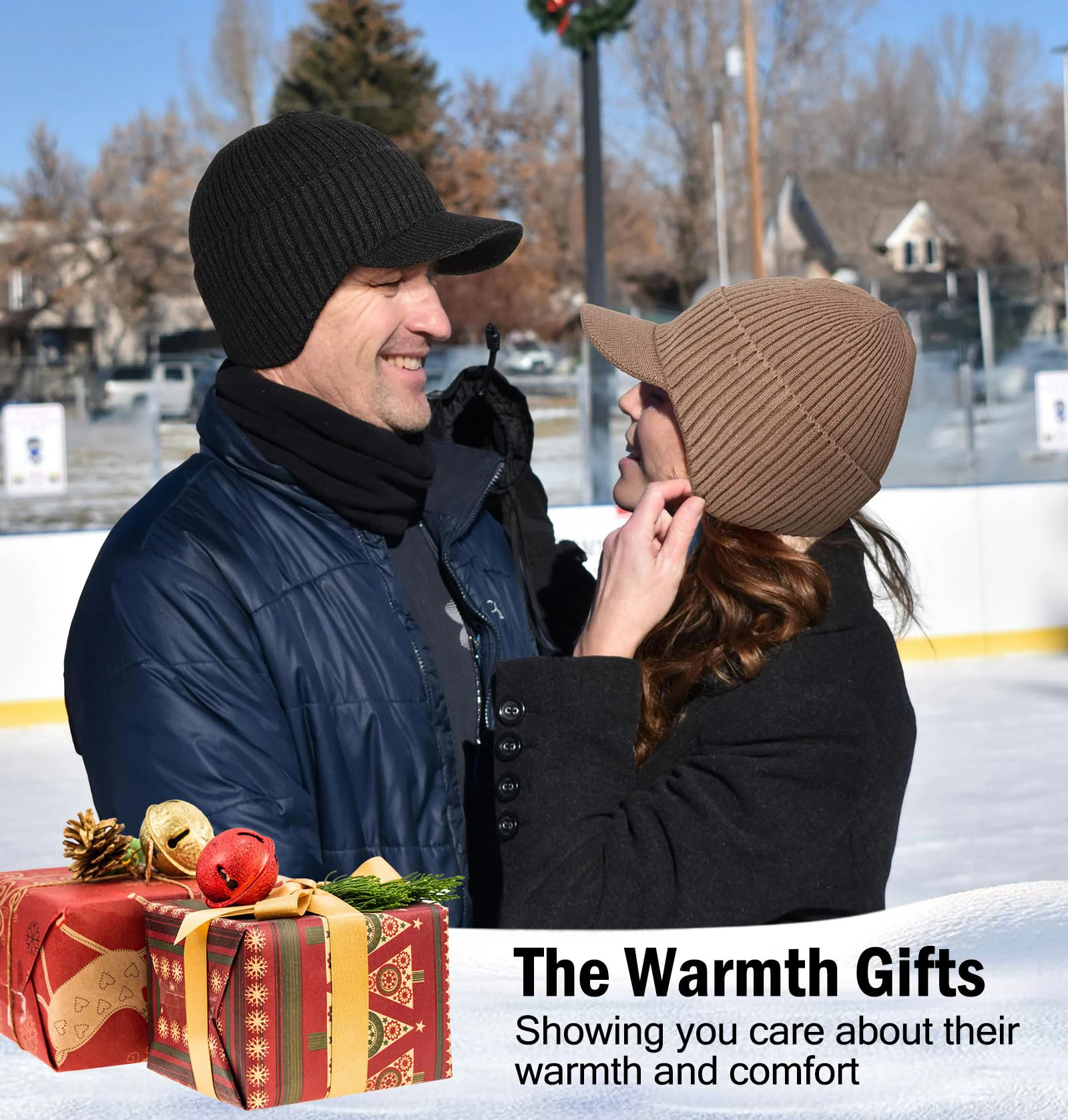 Winter Beanie with Brim and Ear Flaps, Outdoor Warm Fleece Lined Knit Hat Stocking Caps for Men Women