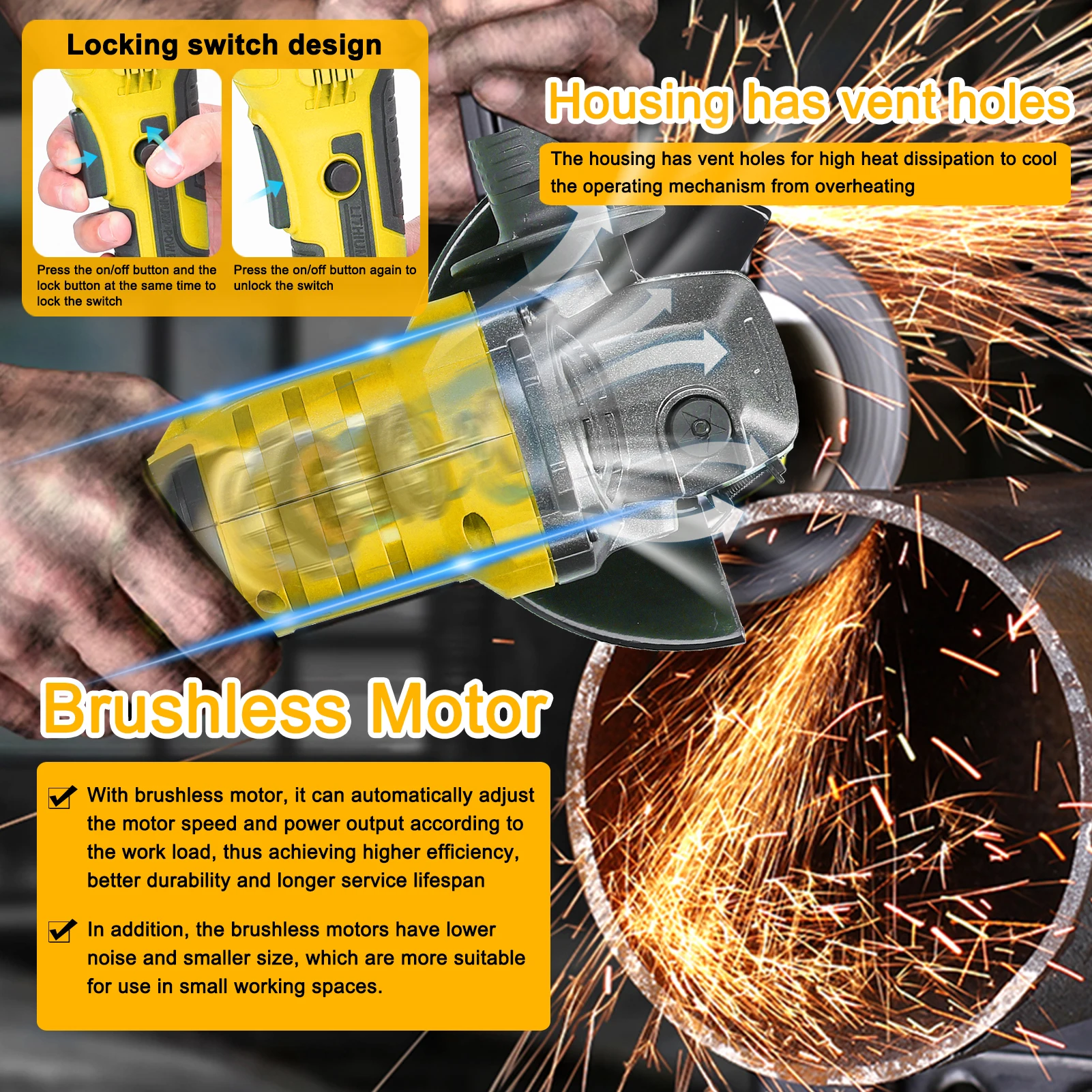 Electric Grinding Tool Power Tool 21V 125mm M14 Angle Grinder Brushless Motor Cutting Polishing Ceramic Tile Wood Stone Steel 3