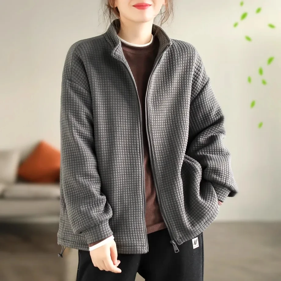 Short Jacket Women Spring Autumn Outer Cardigan Round Neck Jacket Tops Large Size Cotton Casual Outerwear Soft Waffle Pocket [fila]soft outer