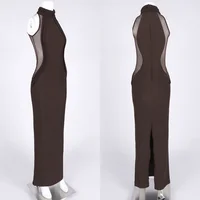 Luxury Sheer Corset Brown Long Dresses for Women – Long Sleeve High Neck See Through Bodycon Maxi Dress with Mesh Waist Detail - Image 6