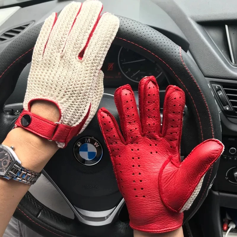 Fashion Men Leather Gloves Crochet Breathable Summer Driving Motorcycle Mittens Male Unlined Locomotive Gym Guantes