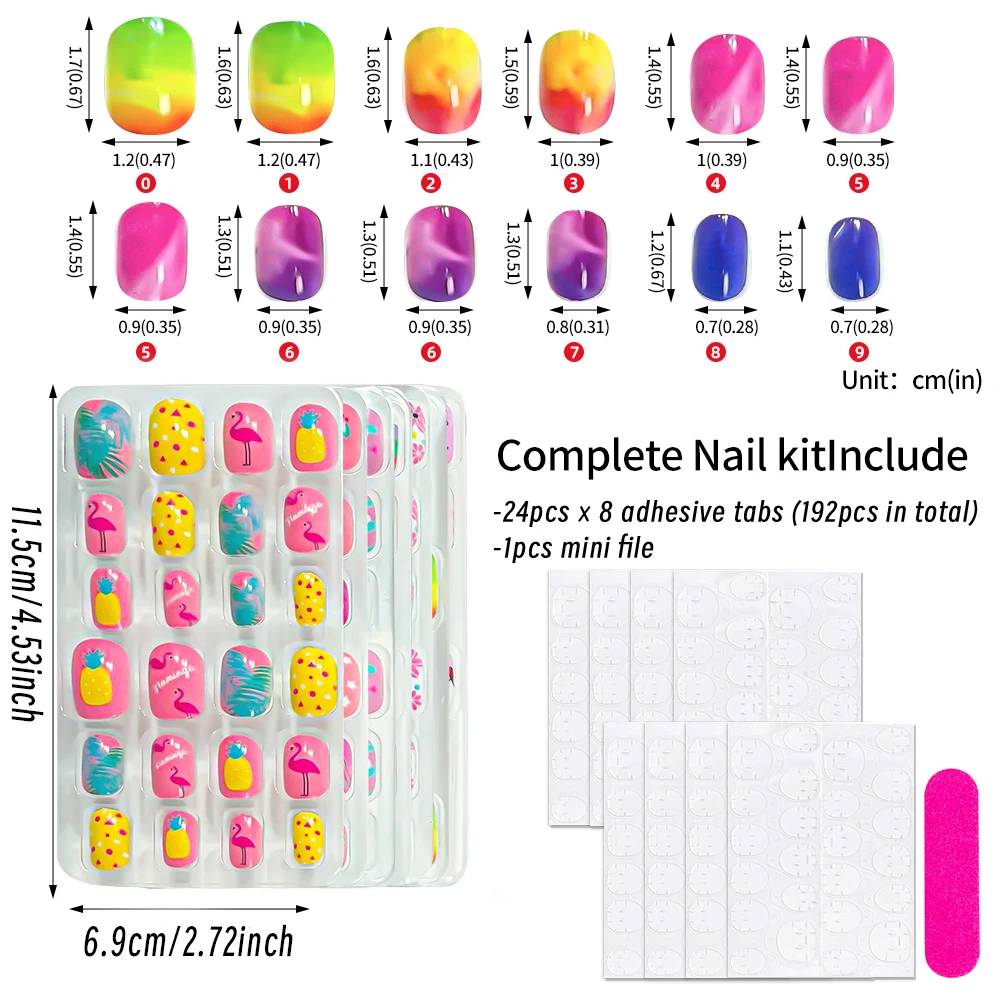 192개 레인보우 포니 귀여운 소녀들을 위한 프레스온 네일, 화려한 데이지 플라밍고 유니콘 가짜 손톱, 10-16세 어린이용 DIY 인조 손톱