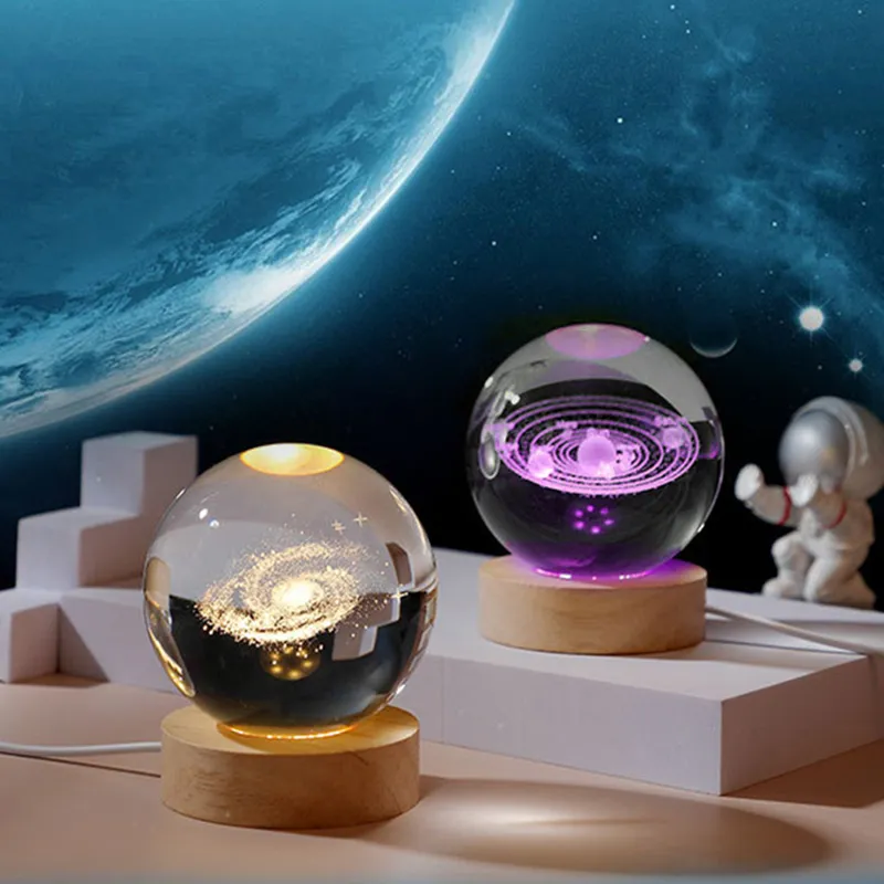 Crystal ball Night Light Crystal Astronaut Planet Globe 3D Laser Engraved Solar System Ball with Touch Switch LED Light
