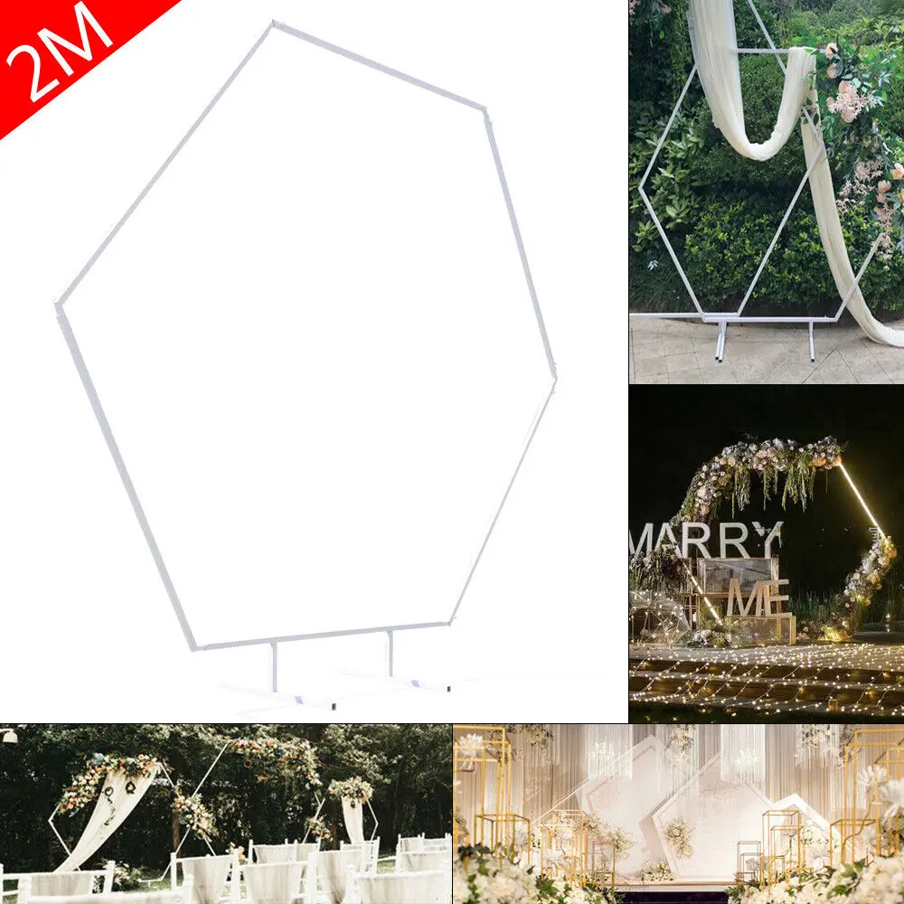 

2M White Large Golden Metal Wedding Arch Hexagon Backdrop Stand Flower Balloon Arch Frame Decor