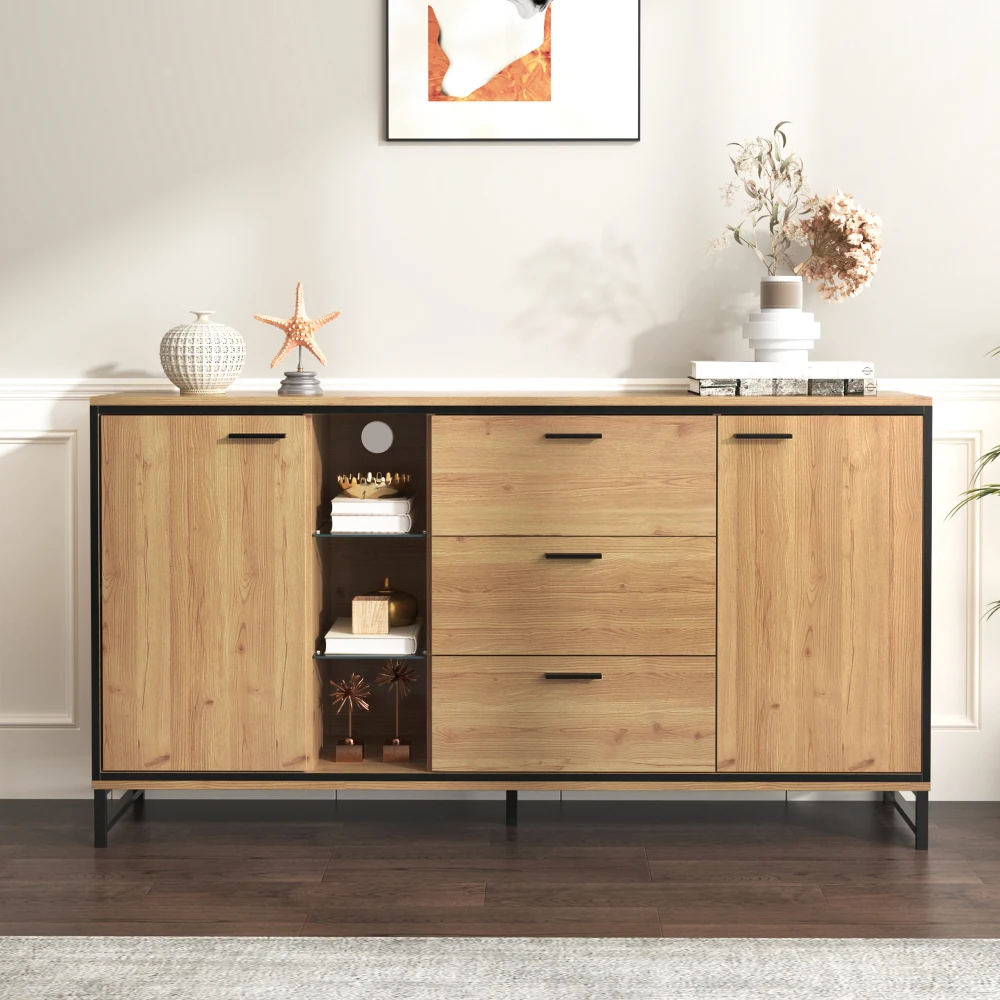 PINGGO Modern Wooden Side Cabinet with Three Drawers - Elegant Carved Storage Console - Stylish And Practical Home Furniture