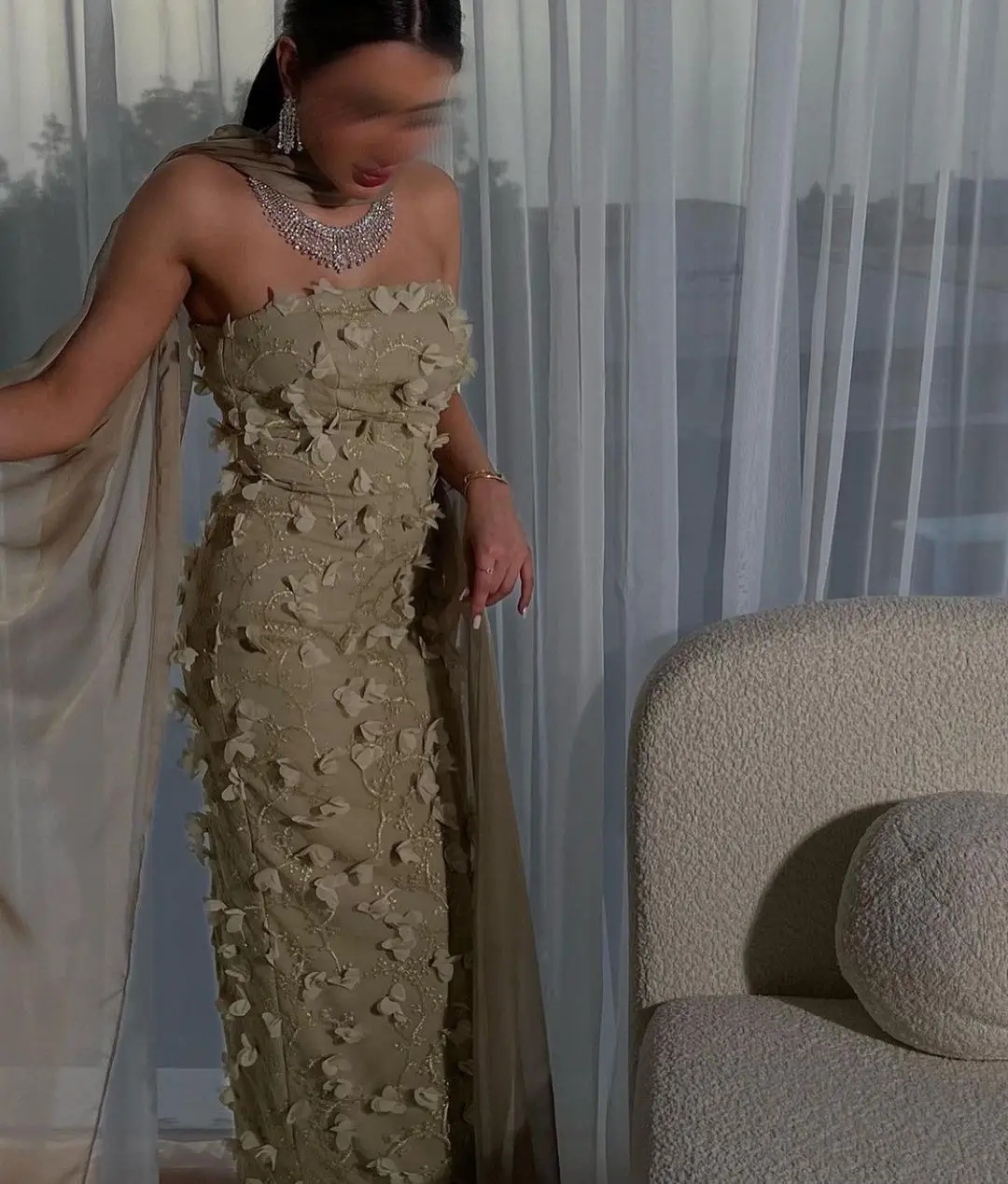 

Saudi Arabia Women's Strapless Sheath Prom Dresses Shawl Floor Length Hand Made Flowers Beadings Formal Evening Party Gowns
