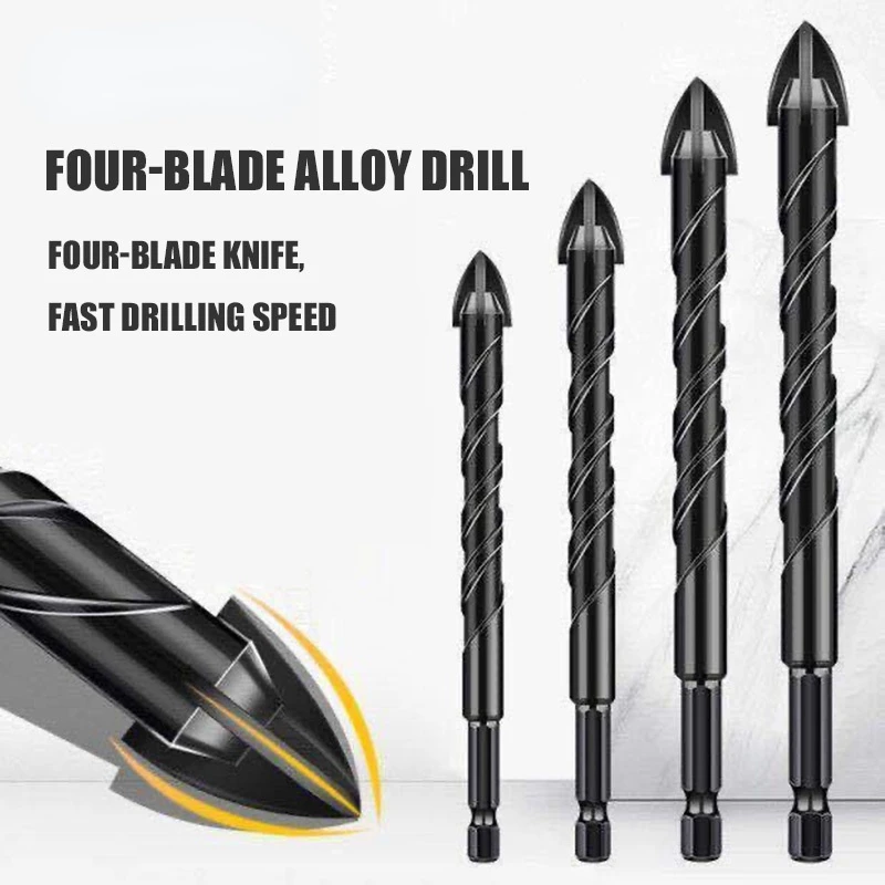 4pc/7pc Cemented Carbide Drill Bit 6.35mm Hexagon Shank Four-blade Drill Bit Ceramic Tile Glass Brick Wall Power Tool 5pcs set cross hex tile glass ceramic drill bits cemented carbide set efficient universal drilling tool hole opener for wall