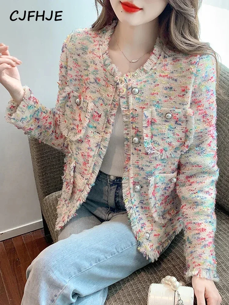 CJFHJE-Veste en tweed de poche High Street pour femme, vestes colorées pour femme, haut élégant pour femme, vêtements d\'extérieur à col rond, mode