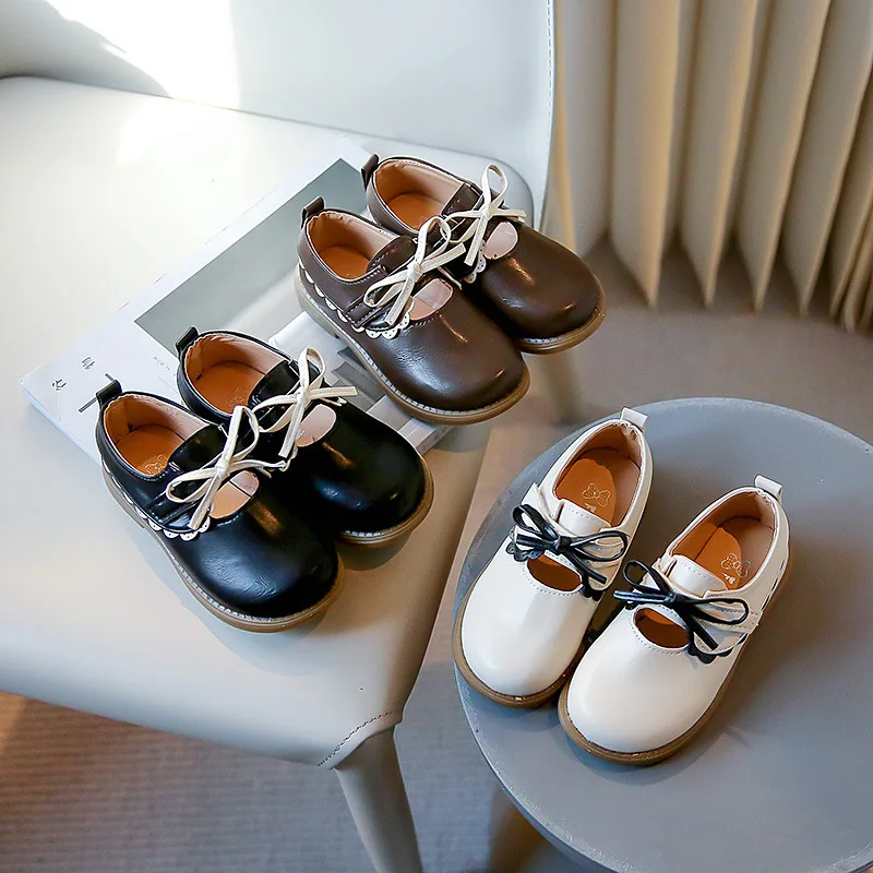 

Girls Princess Shoes 2023 Autumn New Fashion Soft Soled Children's Single Shoes Hollow Lace Bow Foreign Style Baby Kids Flats